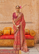 Red Royal Patola Saree with Stud & Dew Drop Work