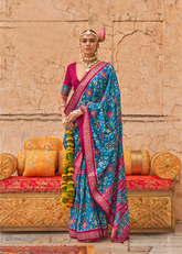 Blue Royal Patola Saree with Maroon Border & Stud Work