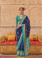 Navy Patola Saree with Blue Border & Stud Detailing
