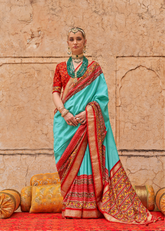 Aqua Patola Saree in Poly Silk with Red Print