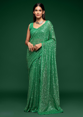 Pista Green Georgette Saree with Sequins & Thread Embroidery