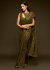 Brown Georgette Saree with Sequins & Thread Embroidery