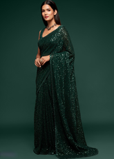 Green Georgette Saree with Sequins & Embroidery