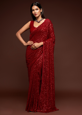 Red Georgette Saree with Sequins & Thread Embroidery