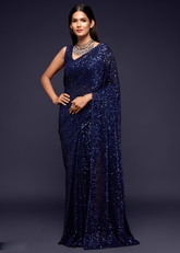 Blue Georgette Saree with Sequins & Thread Embroidery