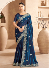 Navy Blue Satin Saree with Silver Embroidery Work