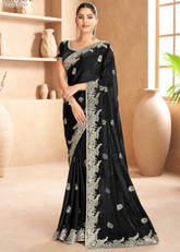 Black Satin Saree with Luxe Silver Embroidery Border