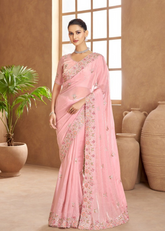Baby Pink Satin Saree with Delicate Thread Embroidery