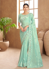 Mint Green Satin Saree with Elegant Thread Work