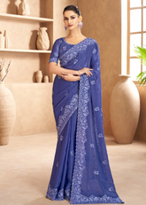 Royal Blue Satin Saree with Heavy Silver Embroidery