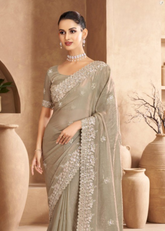 Slate Grey Satin Saree with Soft Embroidery Details