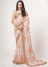 White Organza Saree with Sequins Embroidery & Digital Print
