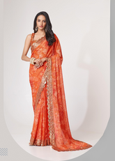 Elegant Orange Saree with Sequins Embroidery & Digital Print