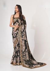Black Organza Saree with Sequins Embroidery & Digital Print