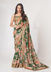 Green Organza Saree with Floral Digital Print & Sequins Embroidery