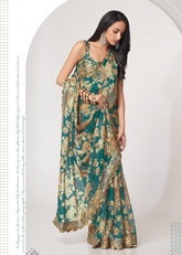 Teal Blue Saree with Sequins Embroidery & Floral Digital Print