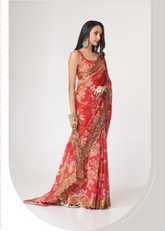 Red Organza Saree with Sequins Embroidery & Floral Digital Print