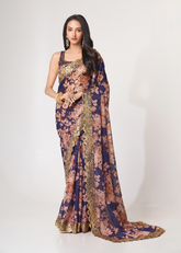 Purple Organza Saree with Sequins Embroidery & Floral Digital Print