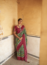 Green & Maroon Ikat Silk Saree with Floral Motifs