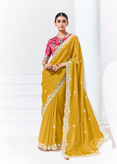 Mustard Yellow Party Saree with White Thread Work