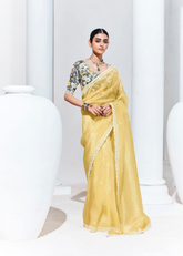 Lemon Yellow Organza Saree with White Thread Work