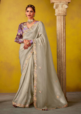 Grey Tissue Saree with Thread Embroidery & Floral Blouse