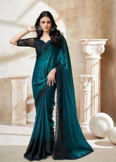Deep Teal Blue Fendi Digital Saree with Black Lace Accents