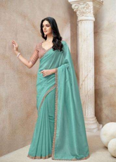 Aqua Mint Saree with Peach Embroidered Blouse for Fresh Festive Vibes