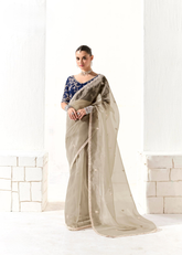 Beige Organza Tissue Saree with Navy Embroidery Blouse