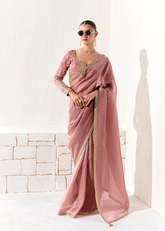 Mauve Organza Saree with Golden Leaf Embroidered Blouse
