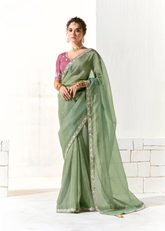 Mint Green Saree with Dusty Pink Floral Blouse