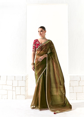 Olive Green Saree with Red Embroidered Blouse