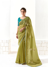 Olive Green Saree with Teal Embroidered Blouse