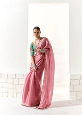 Rose Pink Tissue Saree with Green Floral Blouse