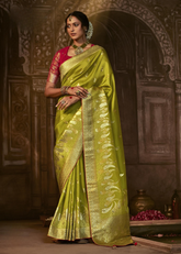 Lime Green Banarasi Silk Saree with Gold Zari Weave
