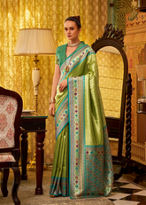 Green Tissue Silk Saree with Woven Border Work
