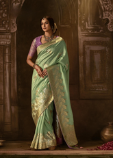 Mint Green Banarasi Saree with Lavender Brocade Blouse