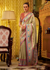 Golden Tissue Silk Saree with Multicolor Border