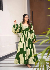 Green Floral Print Rayon Gown with Puff Sleeves