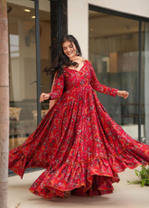 Red Printed Anarkali Gown for Festive Wear