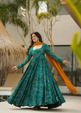 Teal Floral Full Flare Anarkali Gown