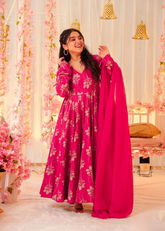 Hot Pink Floral Anarkali Gown with Dupatta