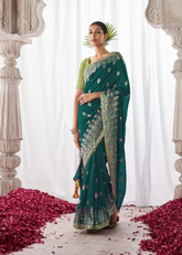 Teal Kora Silk Saree with Intricate Meenakari Border