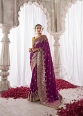 Royal Purple Kora Silk Saree with Rich Floral Border