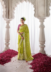 Lime Green Meenakari Saree in Kora Silk Fabric