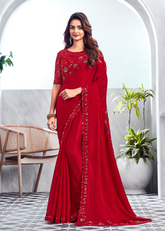 Red Velvet Chiffon Silk Saree with Sequin Embroidered Blouse