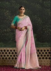 Pink Dola Silk Saree with Aqua Blouse & Sequin Border