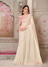 Ivory Pearl Satin Saree with Soft Pink Designer Blouse