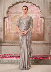 Pearl Grey Shimmer Satin Silk Saree with Jacket Net Blouse