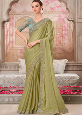 Olive Glass Silk Chiffon Saree with Elegant Tussar Silk Blouse
